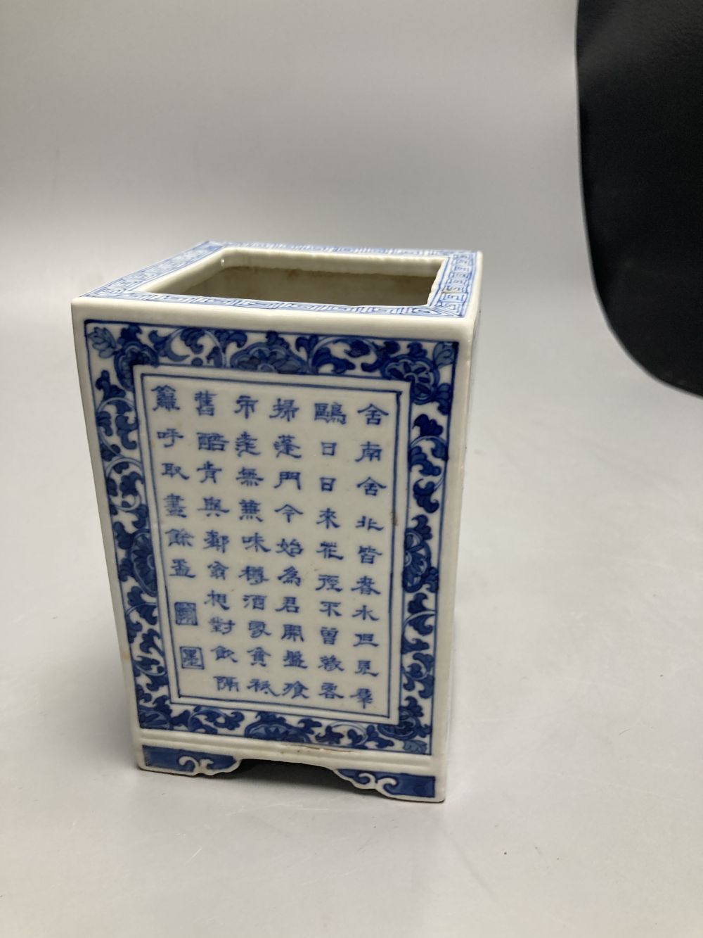A Chinese blue and white square brush pot, height 15cm